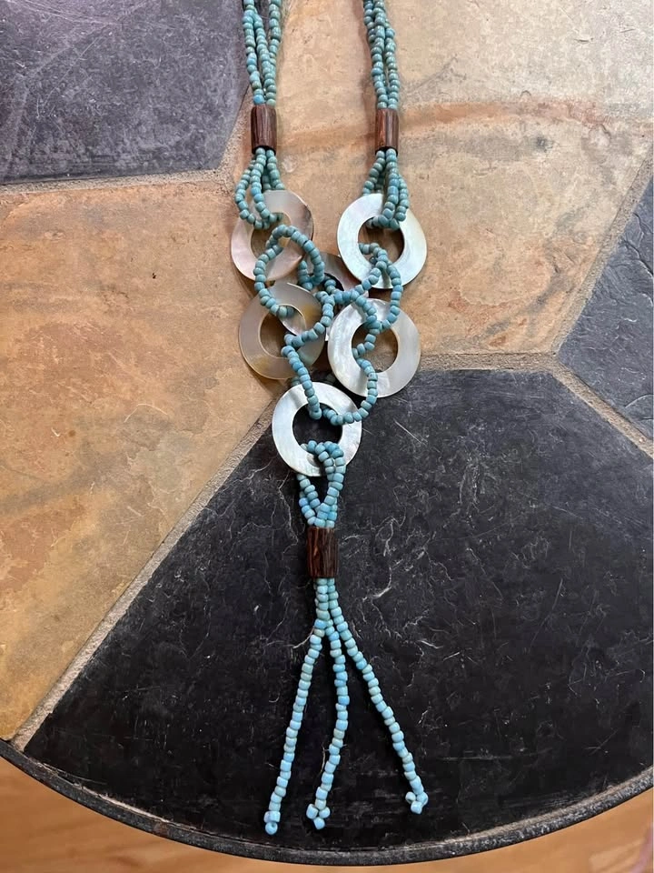 Boho Statement Necklace — Teal Seed Beads & Mother of Pearl - photo 2