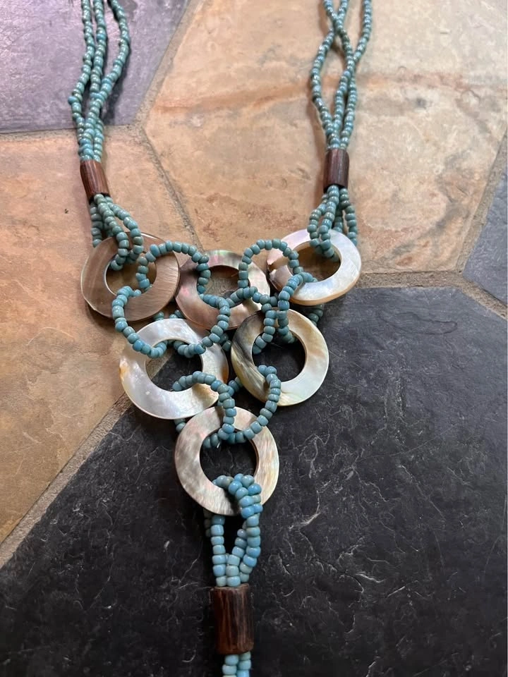 Boho Statement Necklace — Teal Seed Beads & Mother of Pearl - photo 3