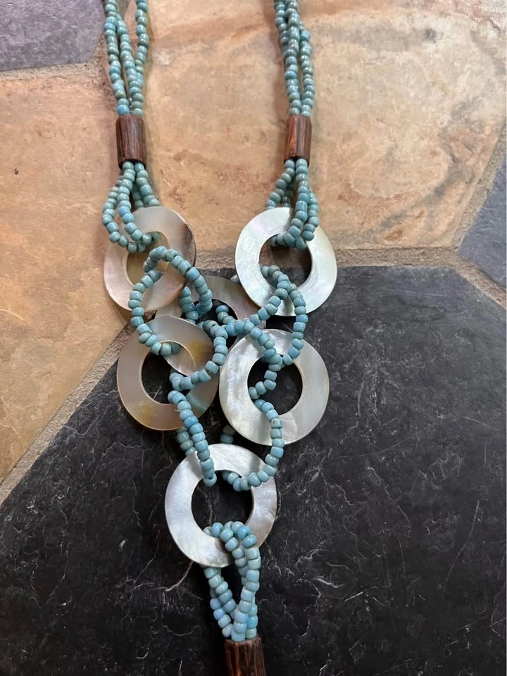 Boho Statement Necklace — Teal Seed Beads & Mother of Pearl - photo 4