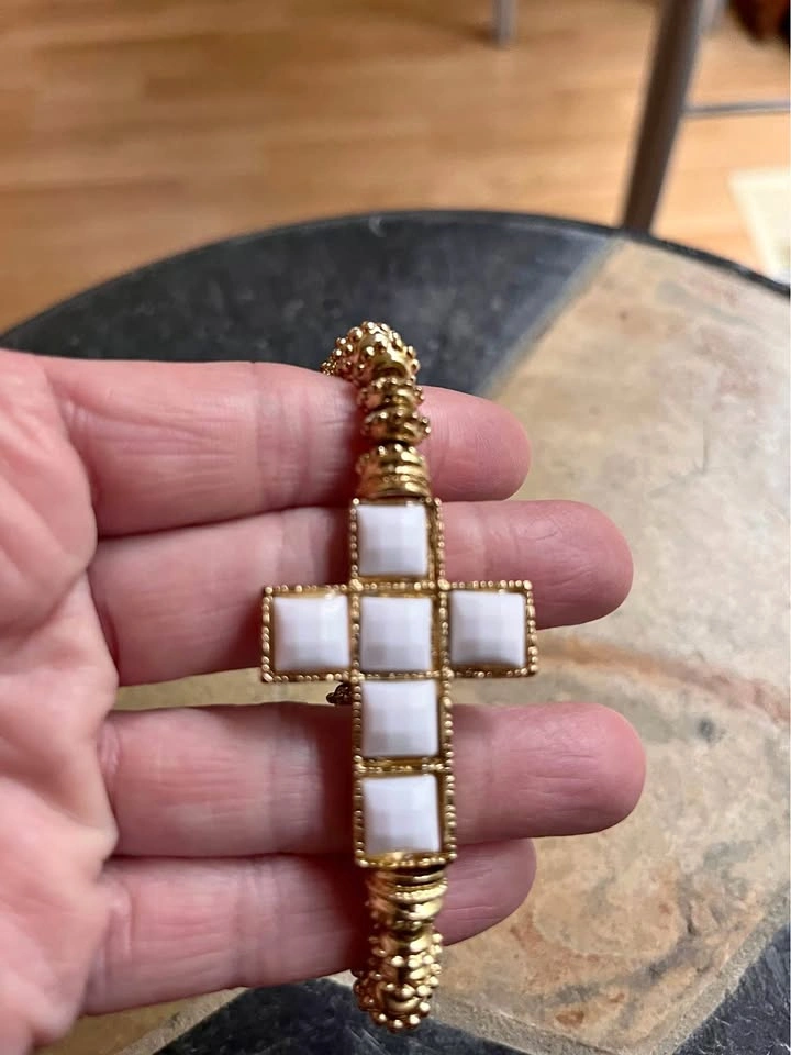 Gold & White Cross Stretch Bracelet — Sideways Cross Bangle