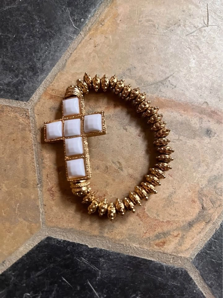 Gold & White Cross Stretch Bracelet — Sideways Cross Bangle - photo 2