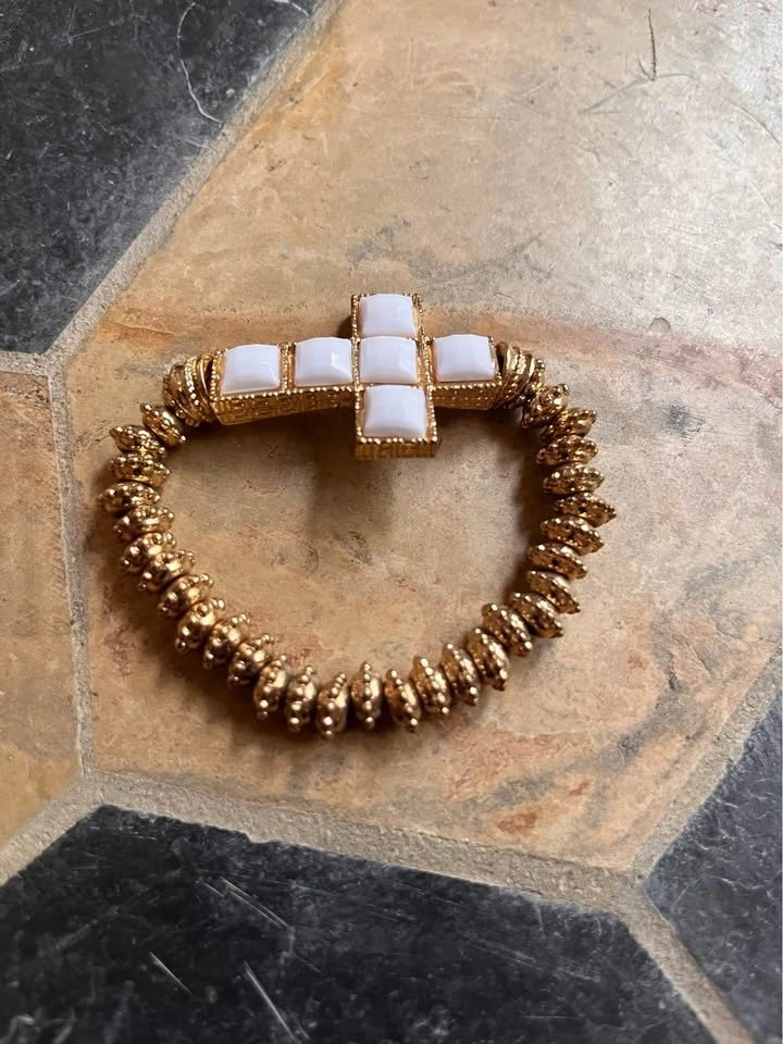 Gold & White Cross Stretch Bracelet — Sideways Cross Bangle - photo 3