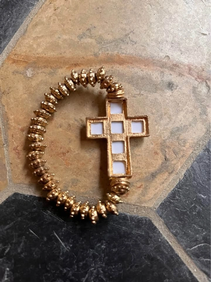 Gold & White Cross Stretch Bracelet — Sideways Cross Bangle - photo 4
