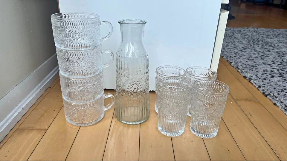 Set of cups, glasses and pitcher