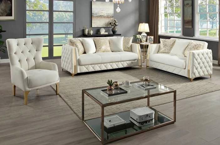 Modern Velvet Tuxedo Sofa Set with Gold Accents
