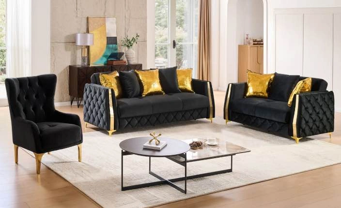 Modern Velvet Tuxedo Sofa Set with Gold Accents - photo 2