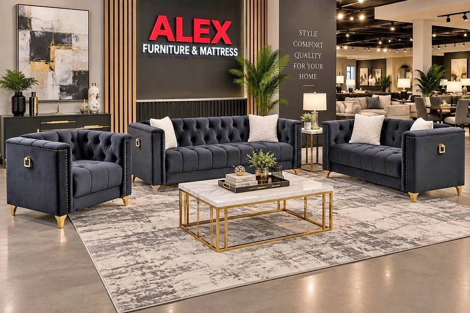Alex Furniture Black Velvet Tufted Sofa Set With Gold Accent