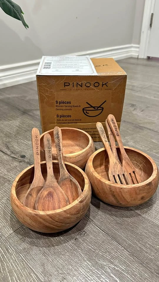 Pinook 9-Piece Wooden Serving Bowls & Utensils Set