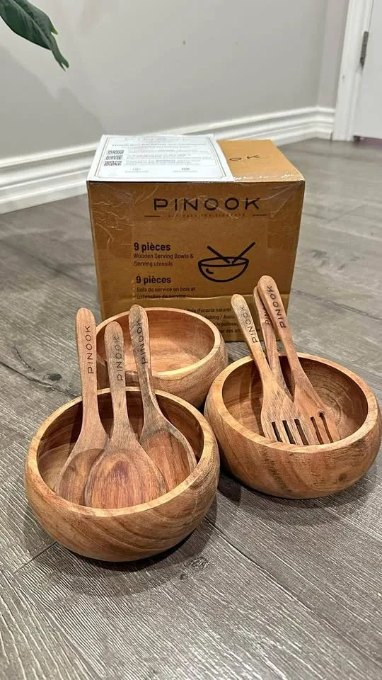 Pinook 9-Piece Wooden Serving Bowls & Utensils Set