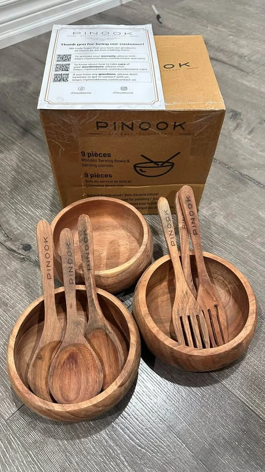 Pinook 9-Piece Wooden Serving Bowls & Utensils Set - photo 2