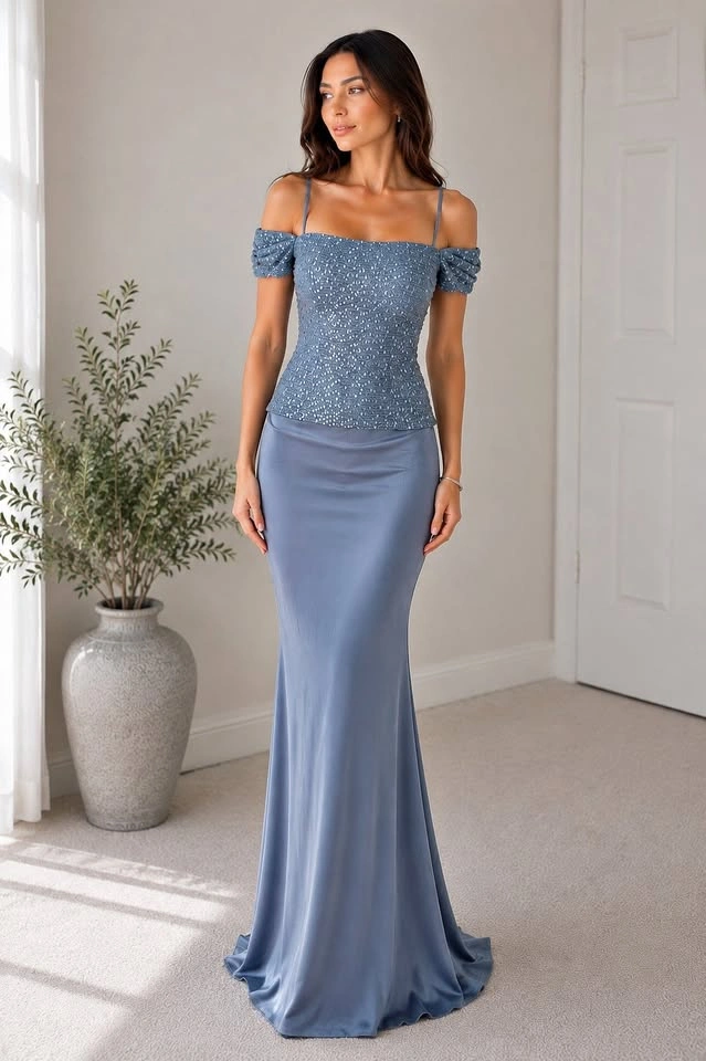 Elegant Blue Sequin & Satin Evening Gown – Size 10