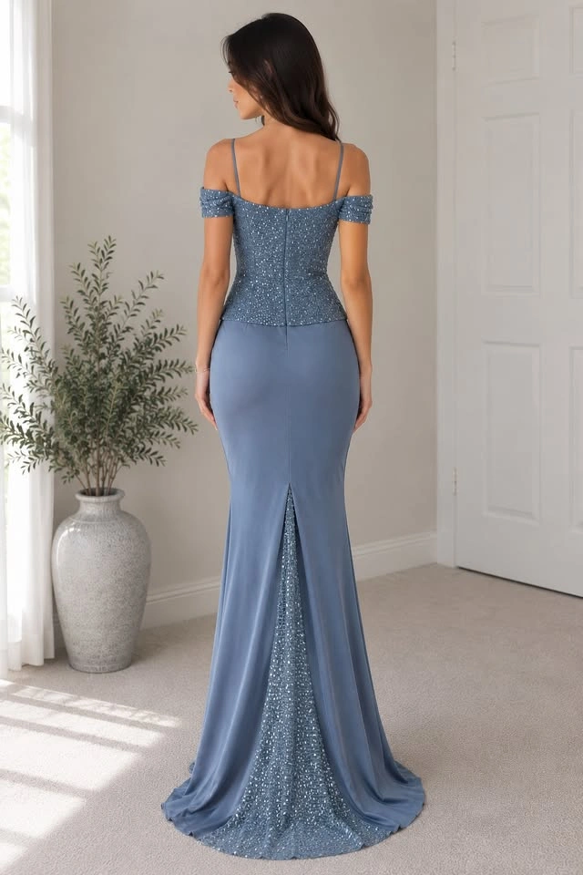 Elegant Blue Sequin & Satin Evening Gown – Size 10 - photo 2
