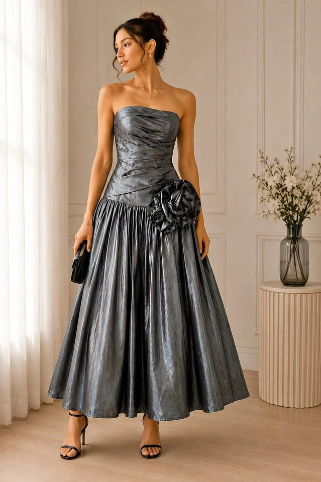 Y2K Metallic Grey Strapless Formal Gown with Rosette Detail
