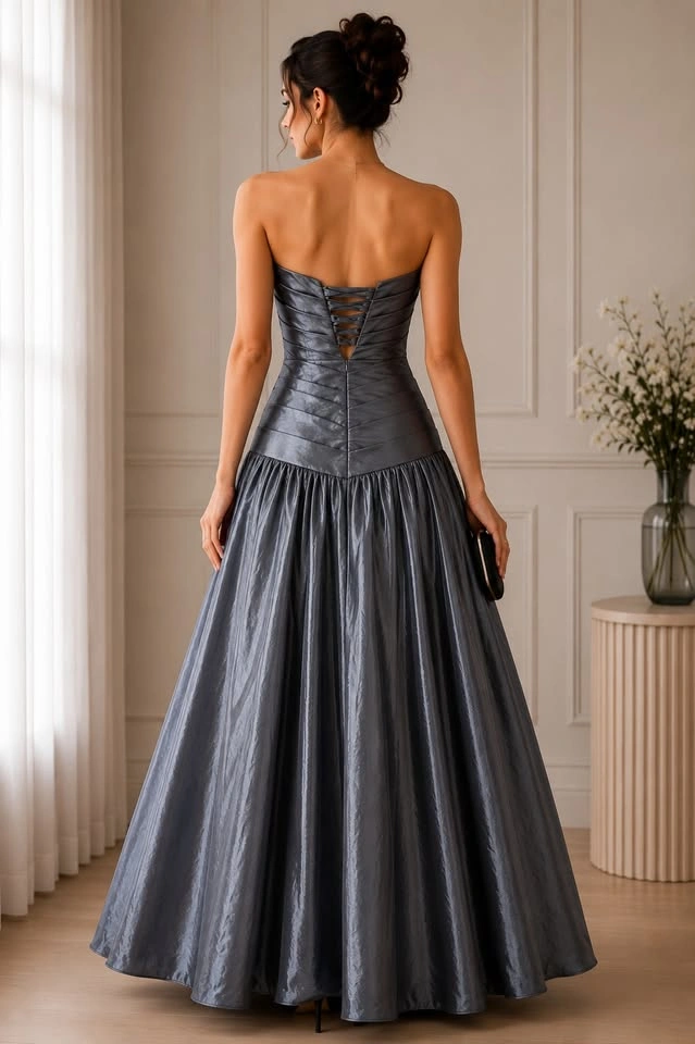 Y2K Metallic Grey Strapless Formal Gown with Rosette Detail - photo 2