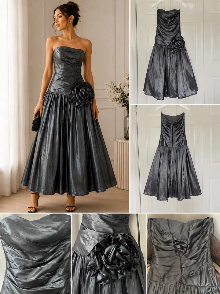 Y2K Metallic Grey Strapless Formal Gown with Rosette Detail - photo 3