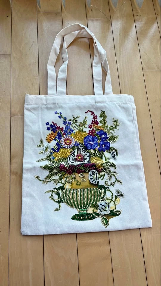 Handmade Beaded Floral Tote Bag