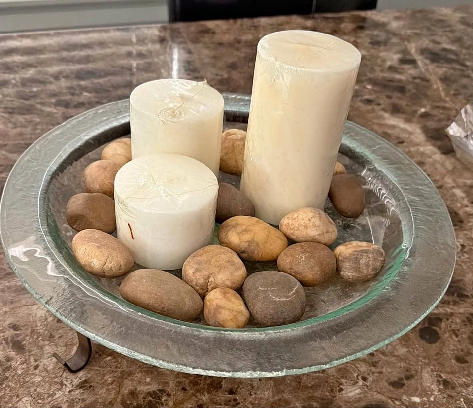 3 brand new unused candles with rocks/stones tray set