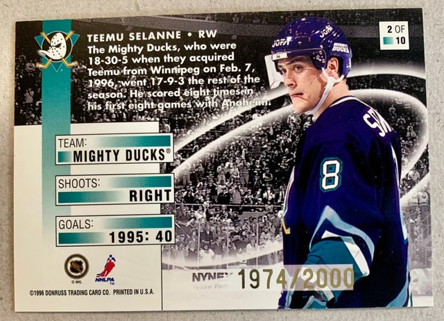 1996 Donruss Teemu Selanne Top Shelf Hockey Card - photo 2