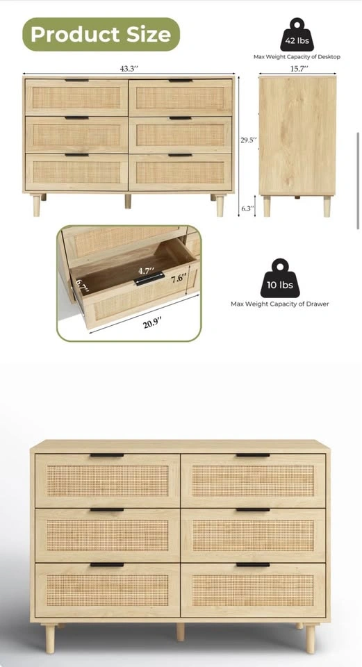 6-Drawer 43.3”W Double Wood Dresser - photo 3