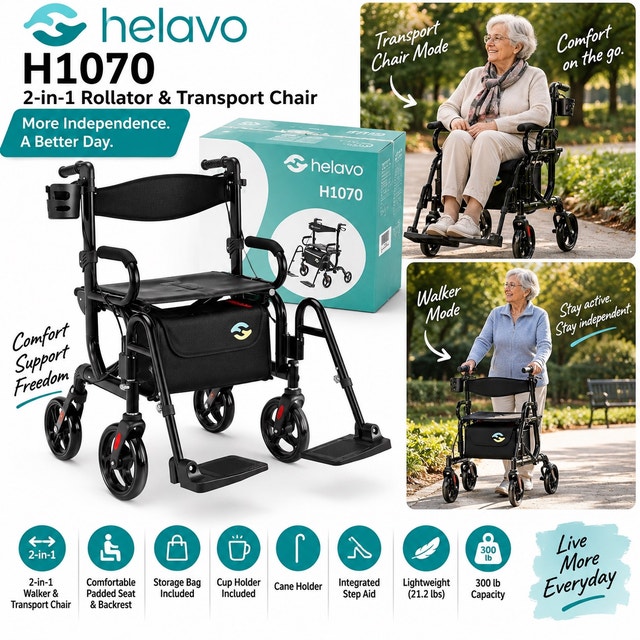 Helavo H1070 2-in-1 Rollator & Transport Chair – New/Open Box