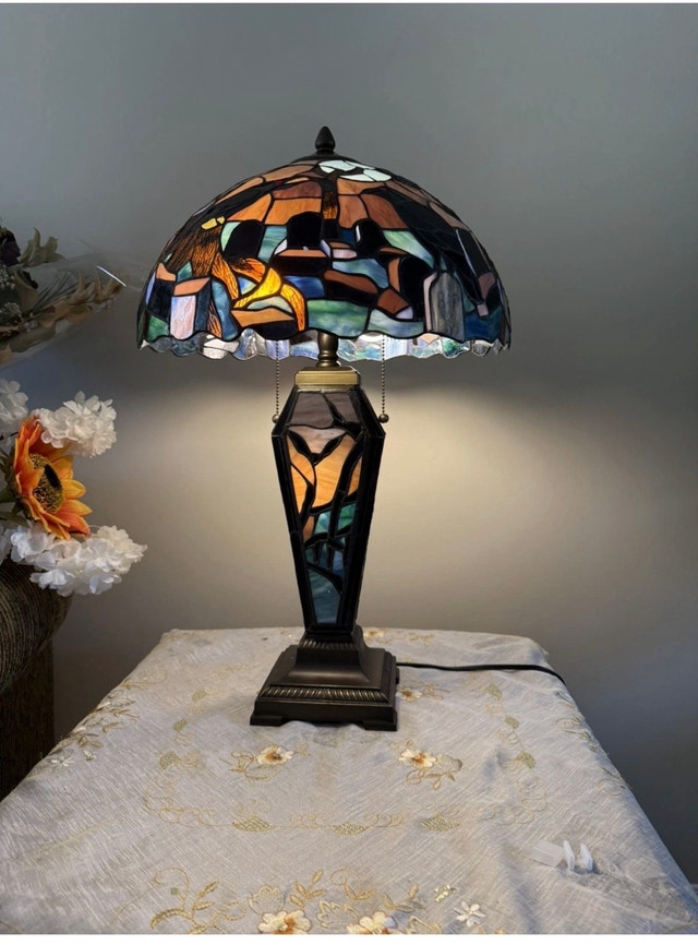 Raven in Graveyard Tiffany Style Stained Glass Table Lamp