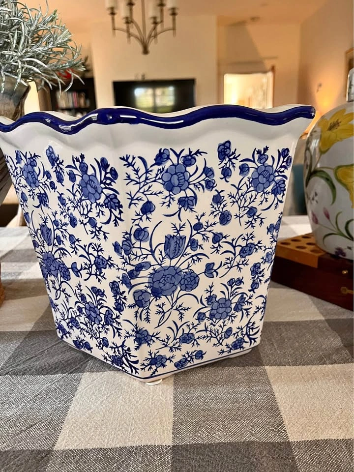 Blue and White Floral Ceramic Scalloped Planter