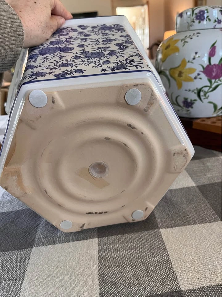 Blue and White Floral Ceramic Scalloped Planter - photo 3