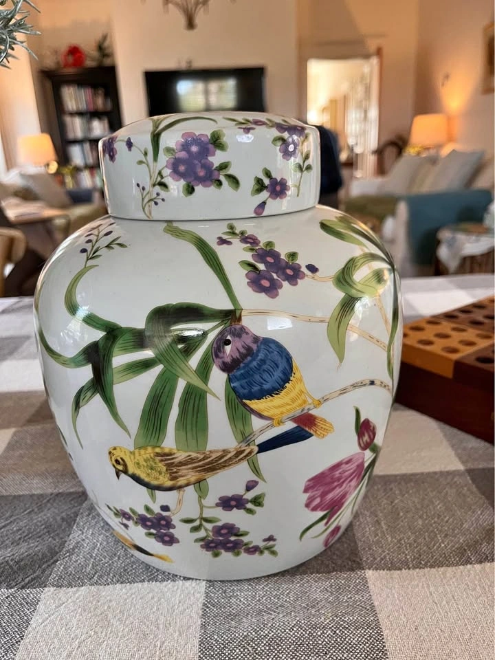 Ceramic Bird and Floral Ginger Jar with Lid