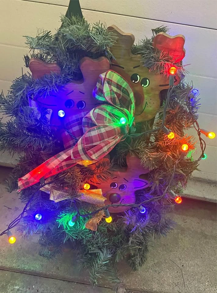 Cute 16” tall wooden reindeers with decor and lights