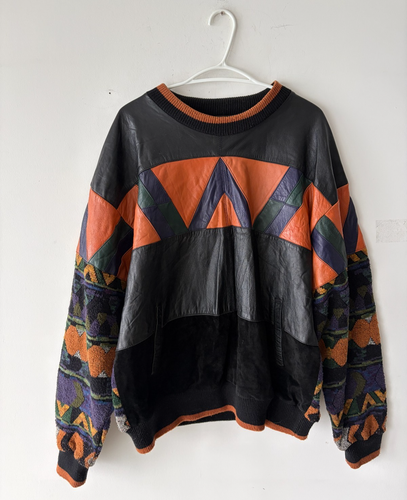 Vintage Saxony Men's Knit Leather Crewneck Sweater Size XL