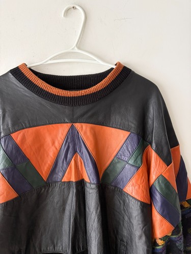 Vintage Saxony Men's Knit Leather Crewneck Sweater Size XL - photo 2