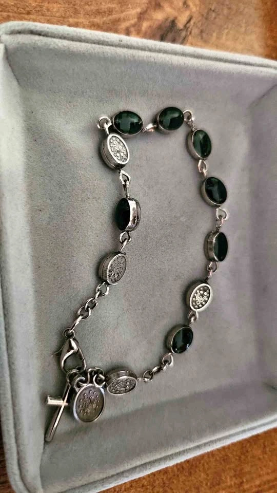 Silver-Toned Rosary Bracelet with Green Stones and Cross Charm