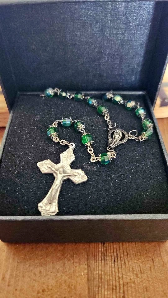 Green Glass Bead Rosary with Silver-Toned Crucifix