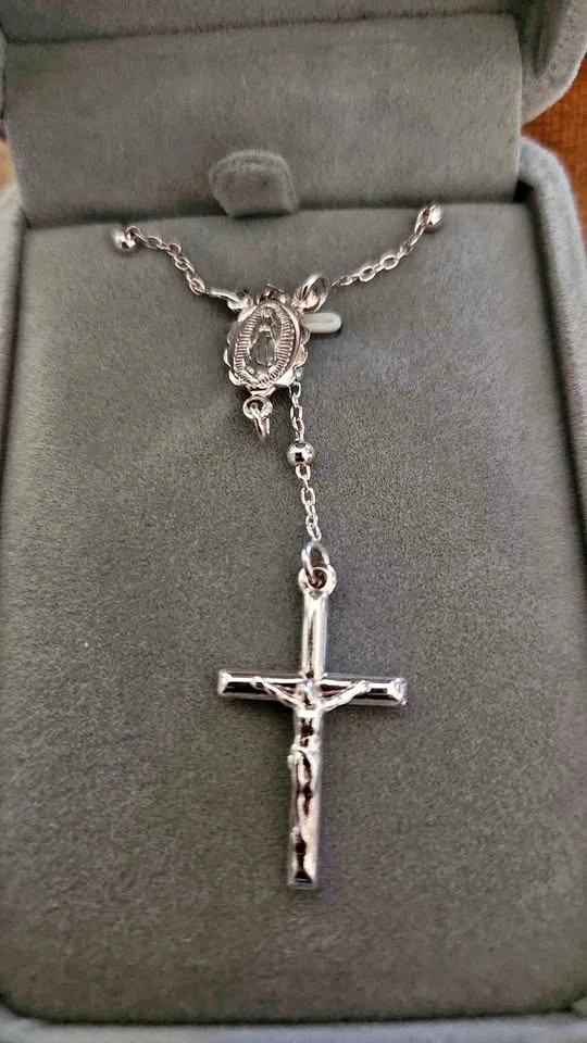 Silver-Toned Rosary Necklace with Crucifix and Miraculous Medal
