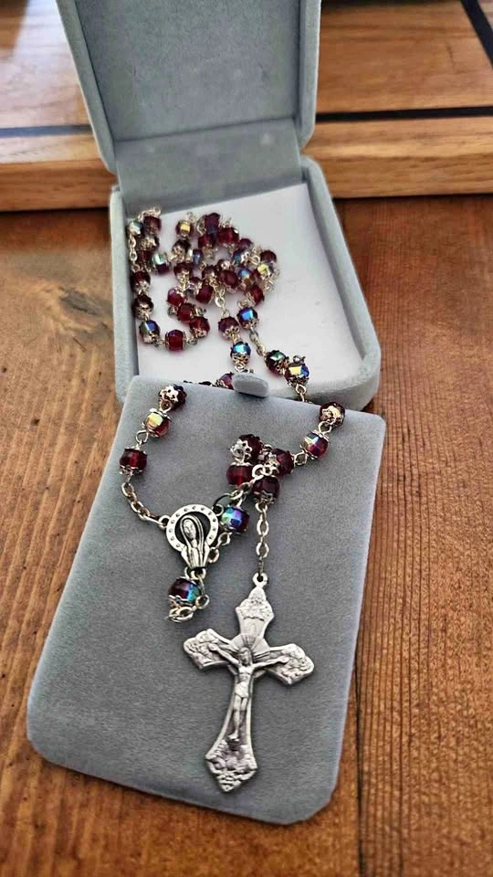 Red Crystal Bead Rosary with Silver-Toned Crucifix