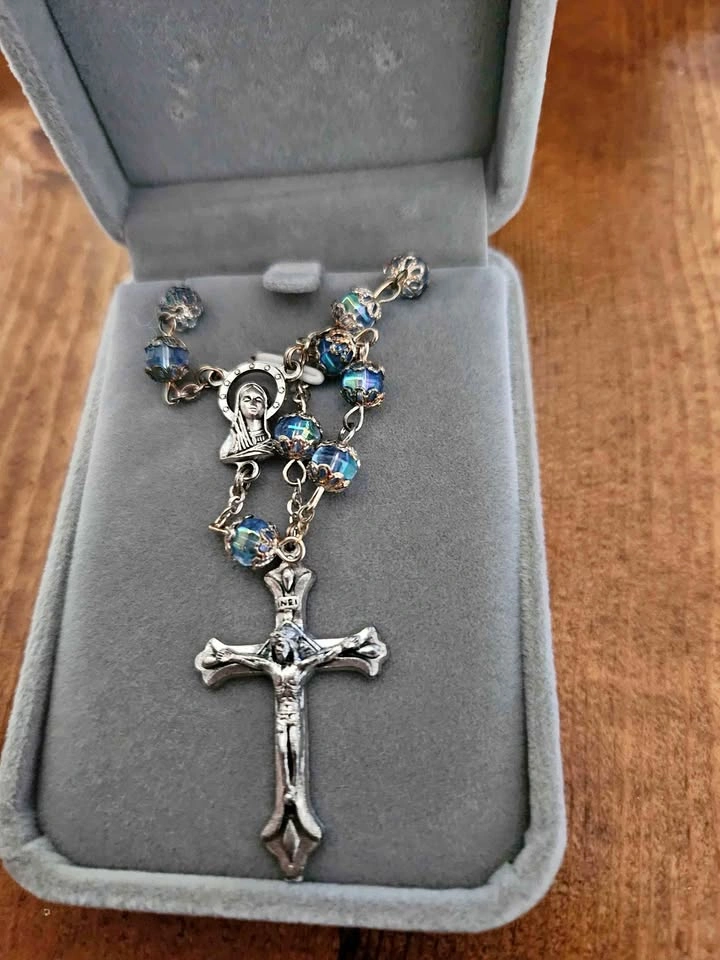 Silver Tone Rosary with Blue Crystal Beads