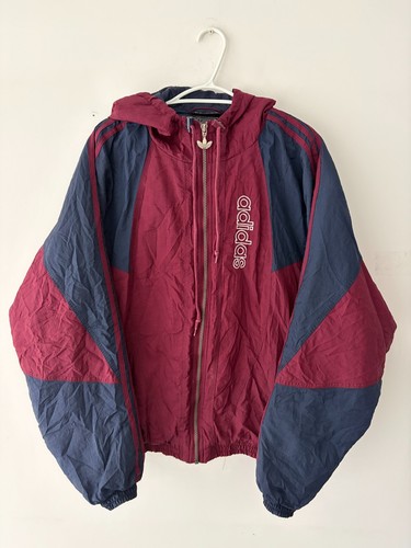 Vintage 90s Adidas Big Trefoil Logo Hooded Maroon Bomber Jacket