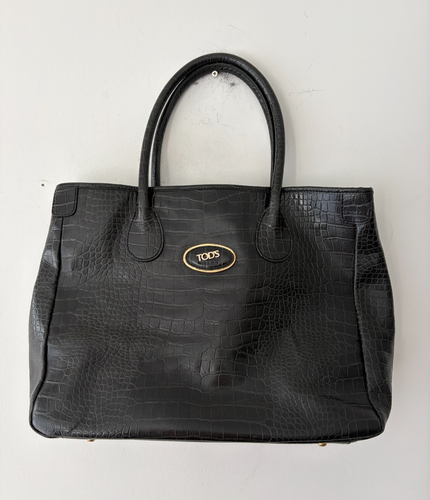 Tod's Genuine Leather Crocodile Embossed Black Handbag
