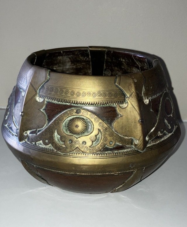 Victorian Brass and Wood Pot