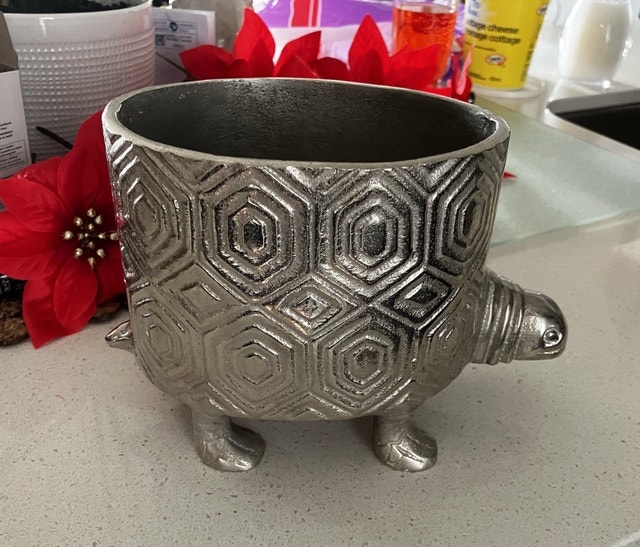 Silver Metal Turtle Flower Pot