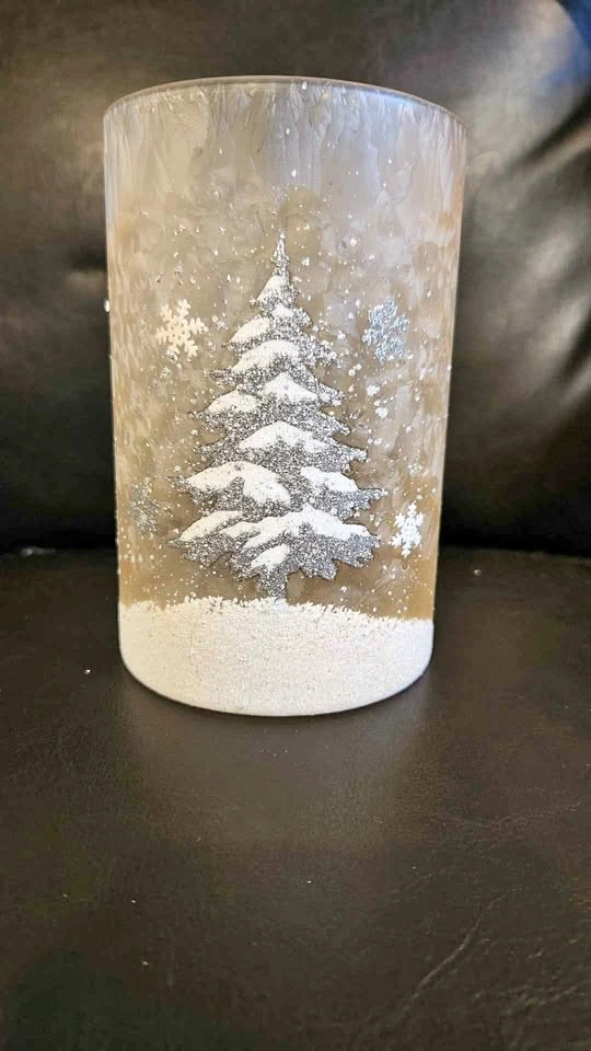 Set of 2 Frosted Winter Tree Glass Candle Holders