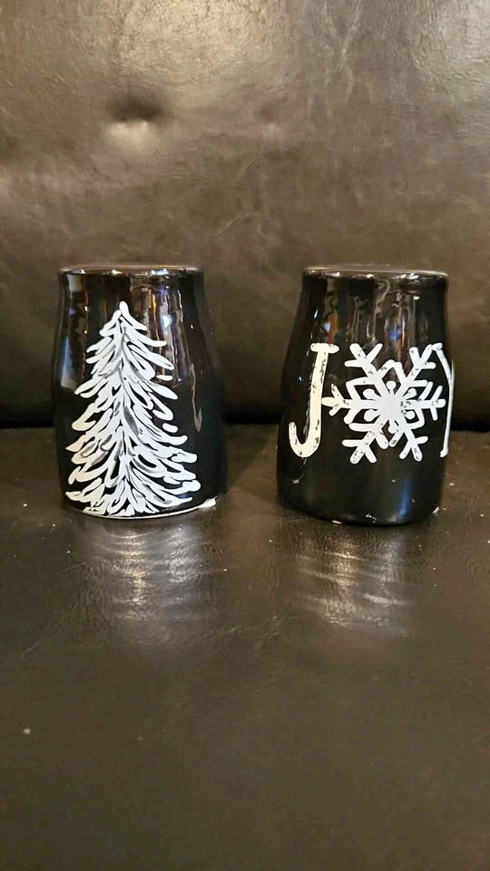 Set of 2 Black Winter Ceramic Jars salt and pepper