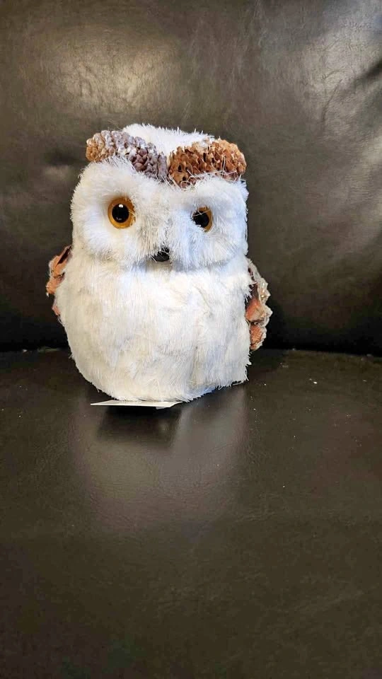 Faux Fur Owl Figurine with Pinecone Accents