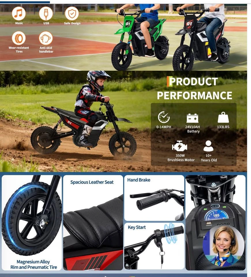 24V Kids Electric Dirt Bike 350W Motor 13.7MPH Speed - photo 4
