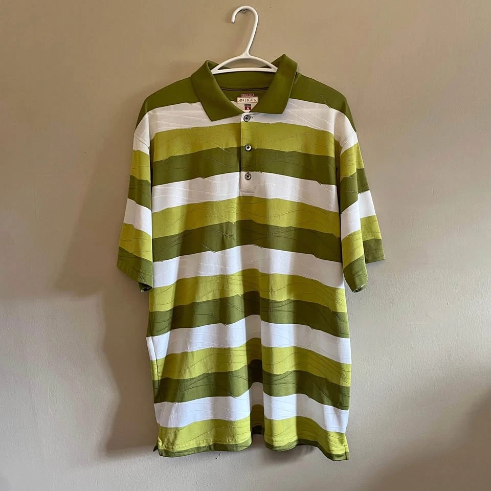 Antigua Green & White Striped Textured Golf Polo Shirt Size Larg