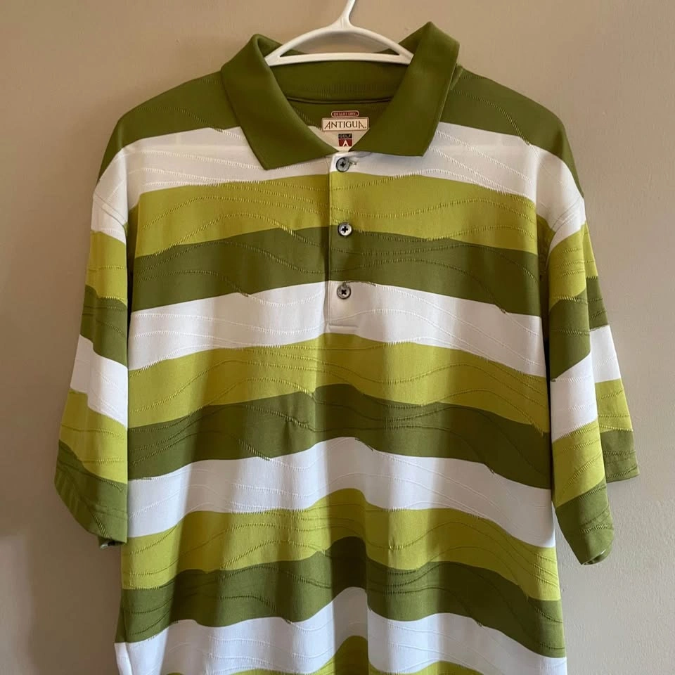 Antigua Green & White Striped Textured Golf Polo Shirt Size Larg - photo 2