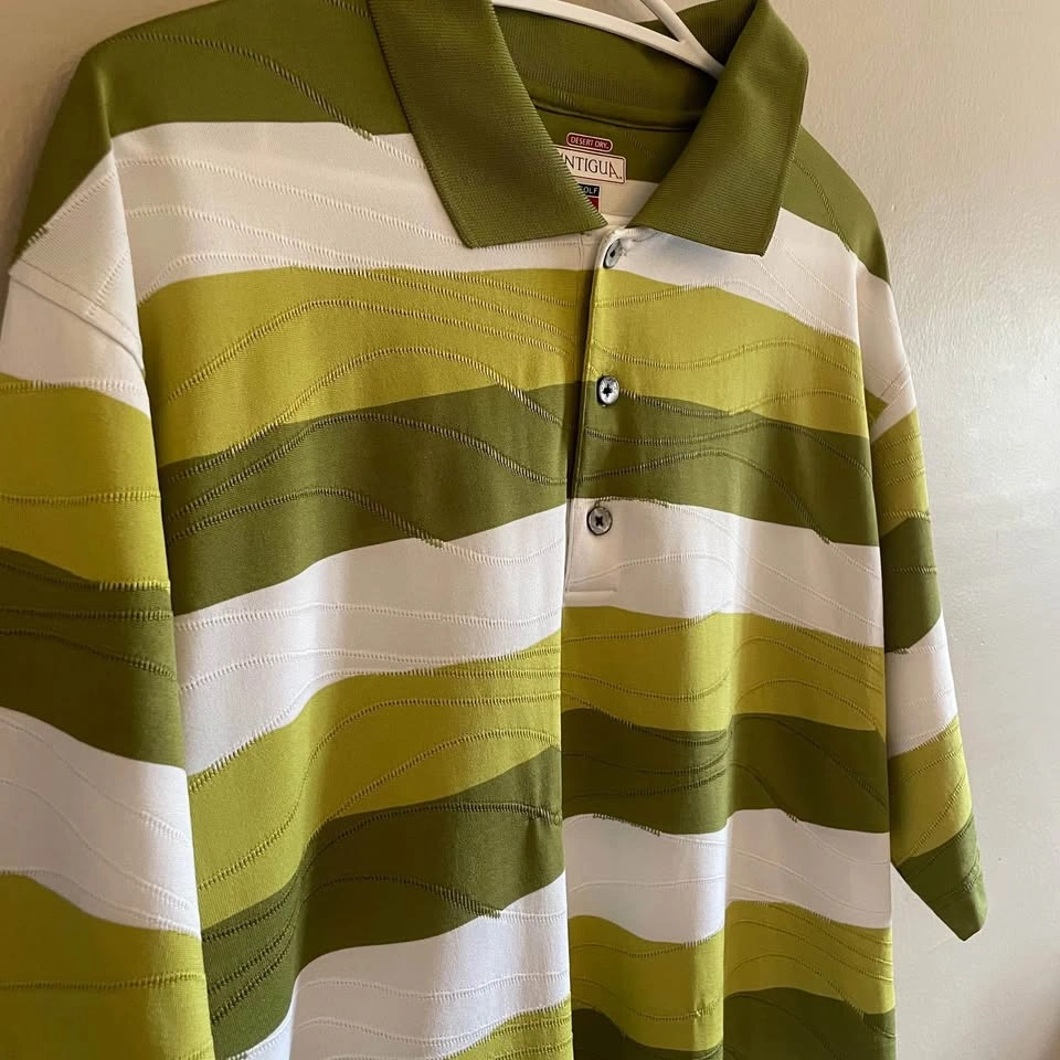 Antigua Green & White Striped Textured Golf Polo Shirt Size Larg - photo 3