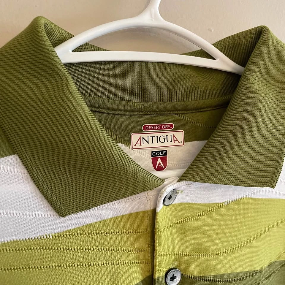Antigua Green & White Striped Textured Golf Polo Shirt Size Larg - photo 4