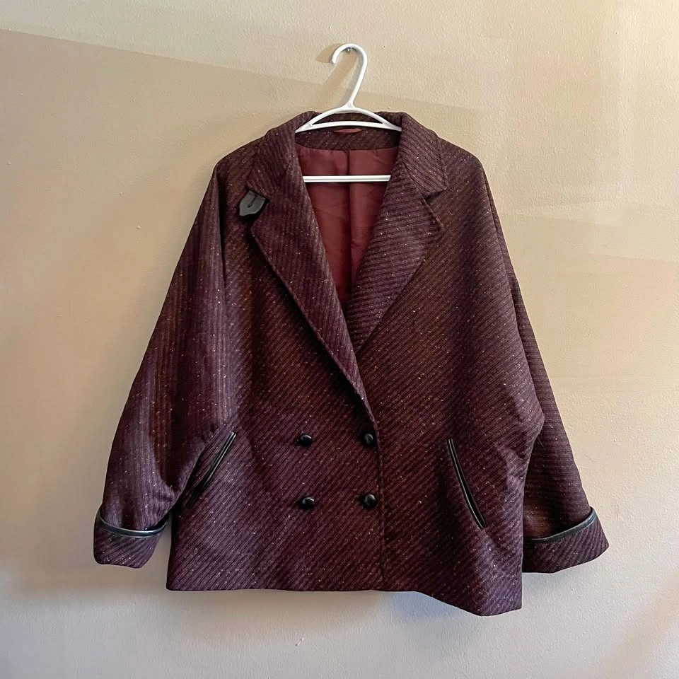 Vintage BHS Burgundy Wool Leather Trim Double-Breasted Cape Coat