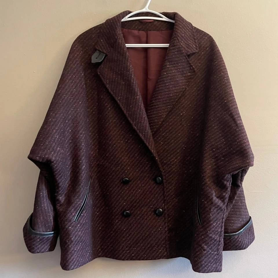 Vintage BHS Burgundy Wool Leather Trim Double-Breasted Cape Coat - photo 2